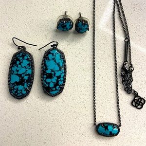 Kendra Scott Turquoise and Black studs, necklace, and dangle earrings.